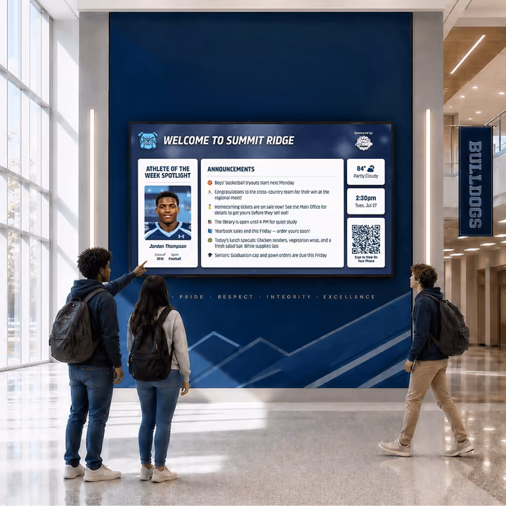Students in a school atrium look up at a large welcome screen